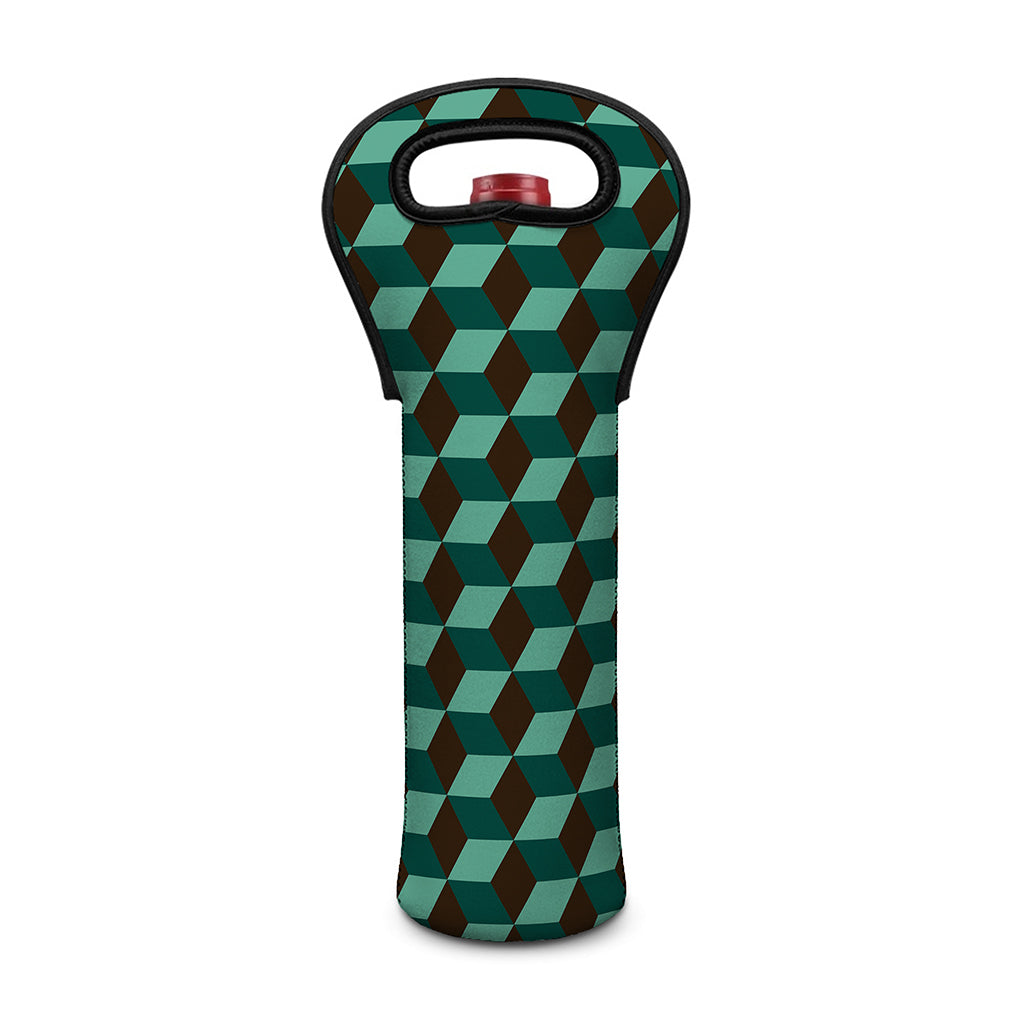 Dark Green Geometric Cube Pattern Print Single Neoprene Wine Tote