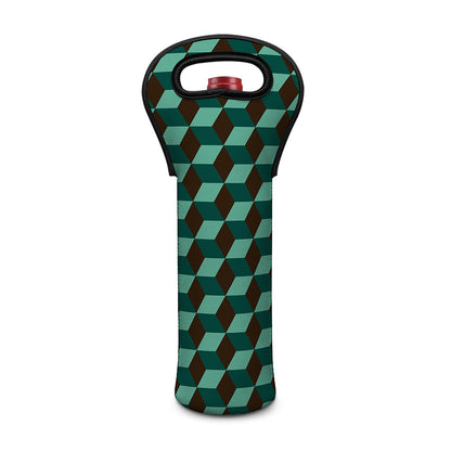 Dark Green Geometric Cube Pattern Print Single Neoprene Wine Tote
