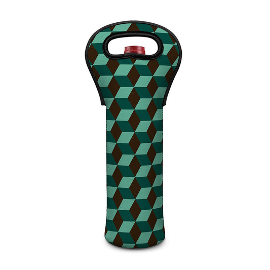 Dark Green Geometric Cube Pattern Print Single Neoprene Wine Tote