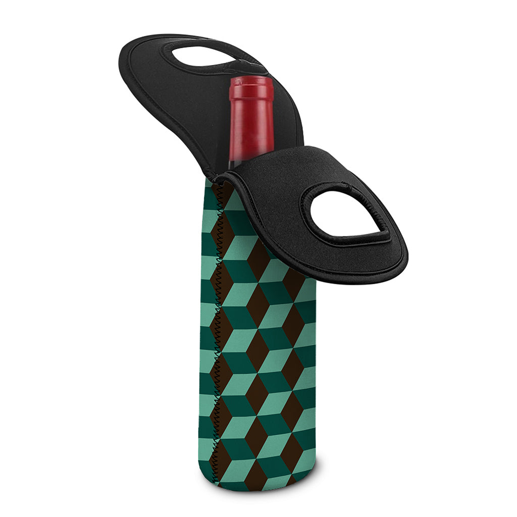 Dark Green Geometric Cube Pattern Print Single Neoprene Wine Tote