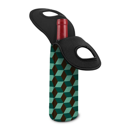 Dark Green Geometric Cube Pattern Print Single Neoprene Wine Tote