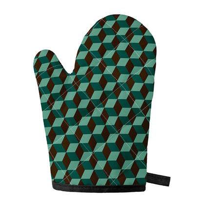 Dark Green Geometric Cube Pattern Print Single Oven Mitt