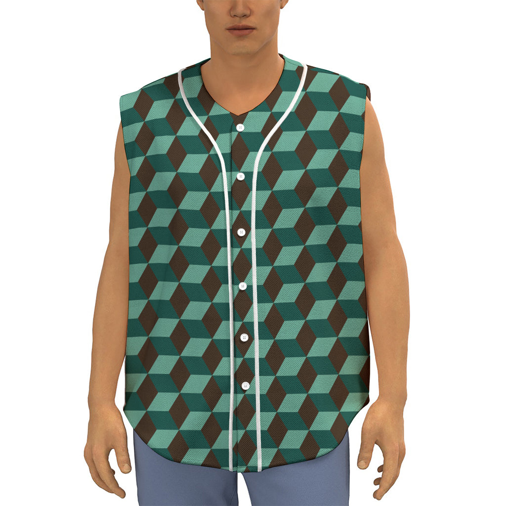 Dark Green Geometric Cube Pattern Print Sleeveless Baseball Jersey