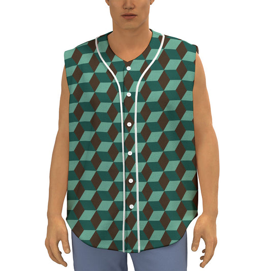 Dark Green Geometric Cube Pattern Print Sleeveless Baseball Jersey
