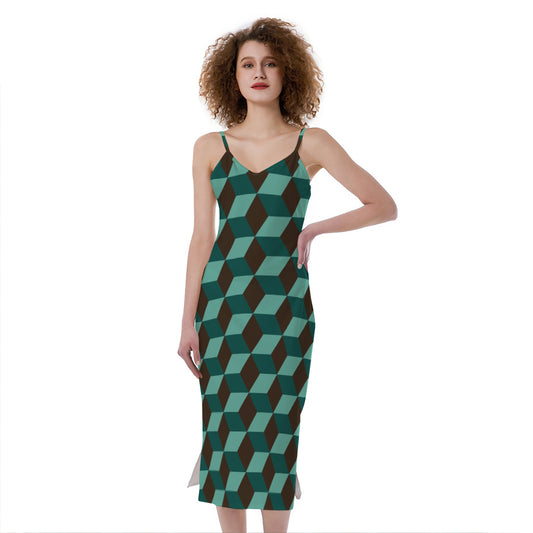 Dark Green Geometric Cube Pattern Print Slim Fit Midi Cami Dress