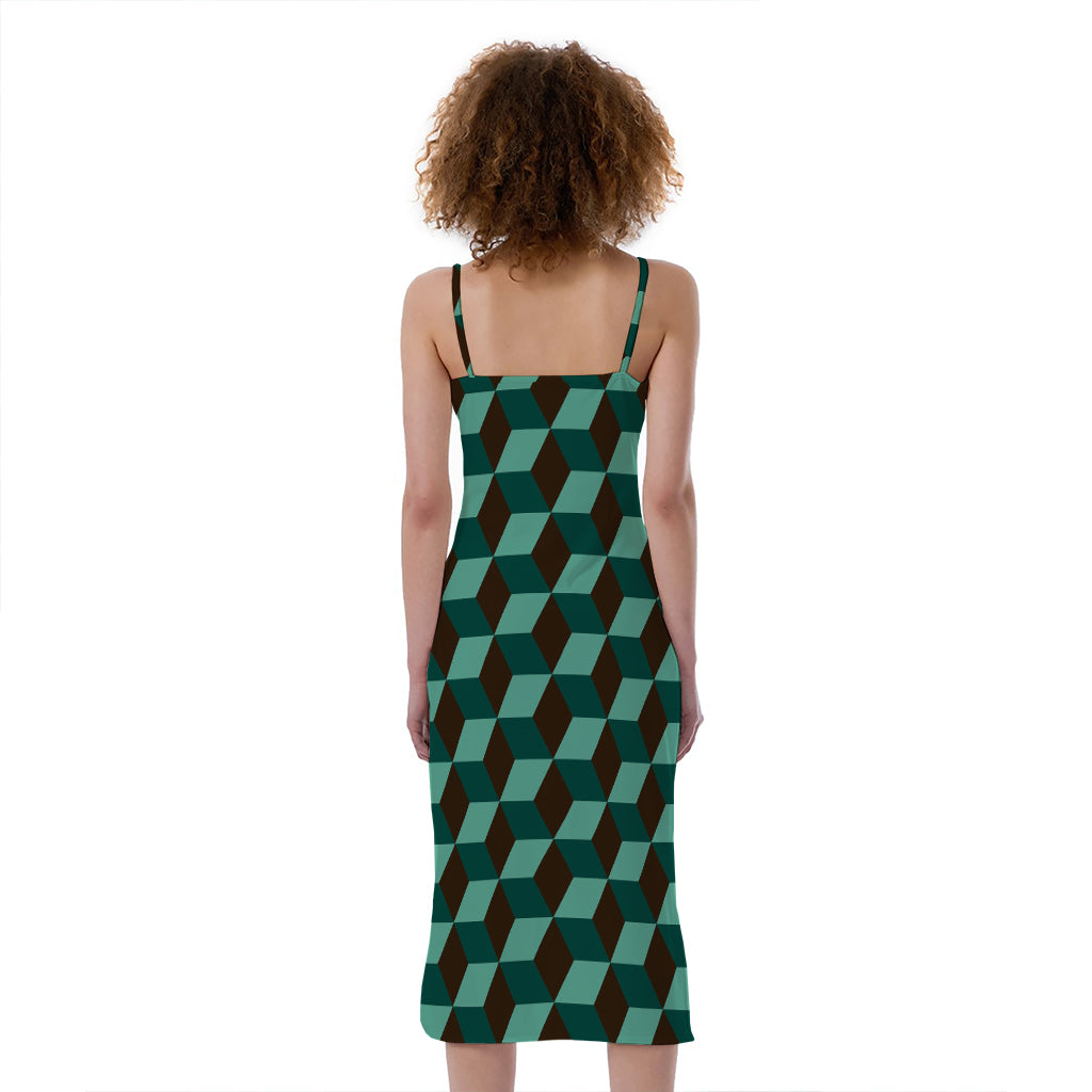 Dark Green Geometric Cube Pattern Print Slim Fit Midi Cami Dress
