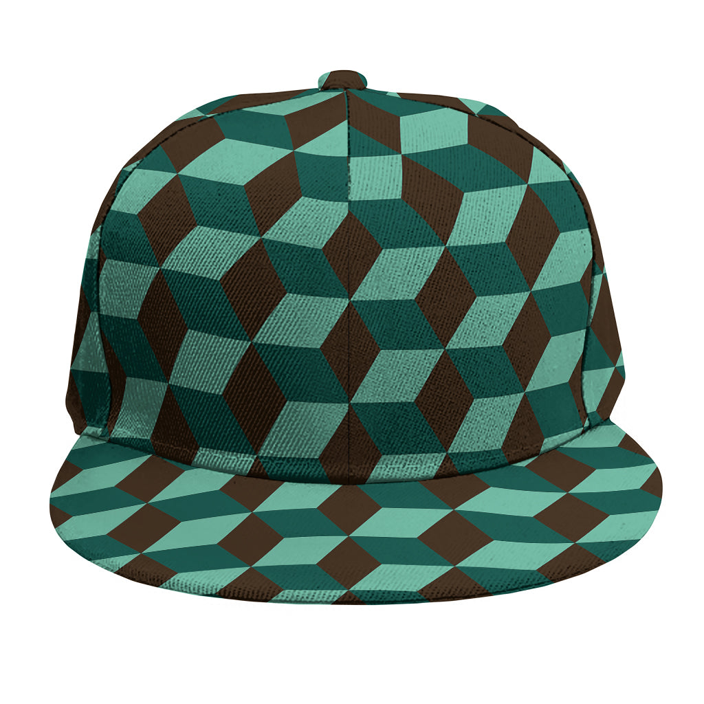 Dark Green Geometric Cube Pattern Print Snapback Cap