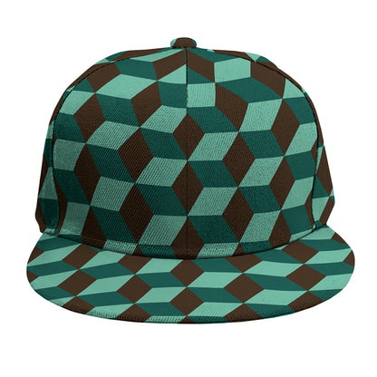 Dark Green Geometric Cube Pattern Print Snapback Cap