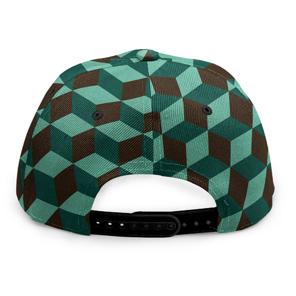 Dark Green Geometric Cube Pattern Print Snapback Cap
