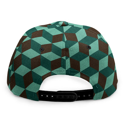 Dark Green Geometric Cube Pattern Print Snapback Cap