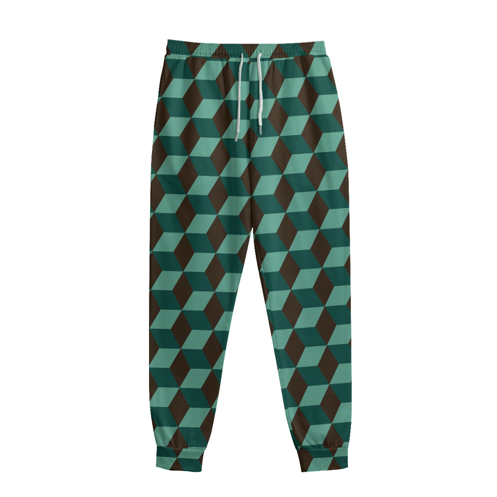Dark Green Geometric Cube Pattern Print Sweatpants