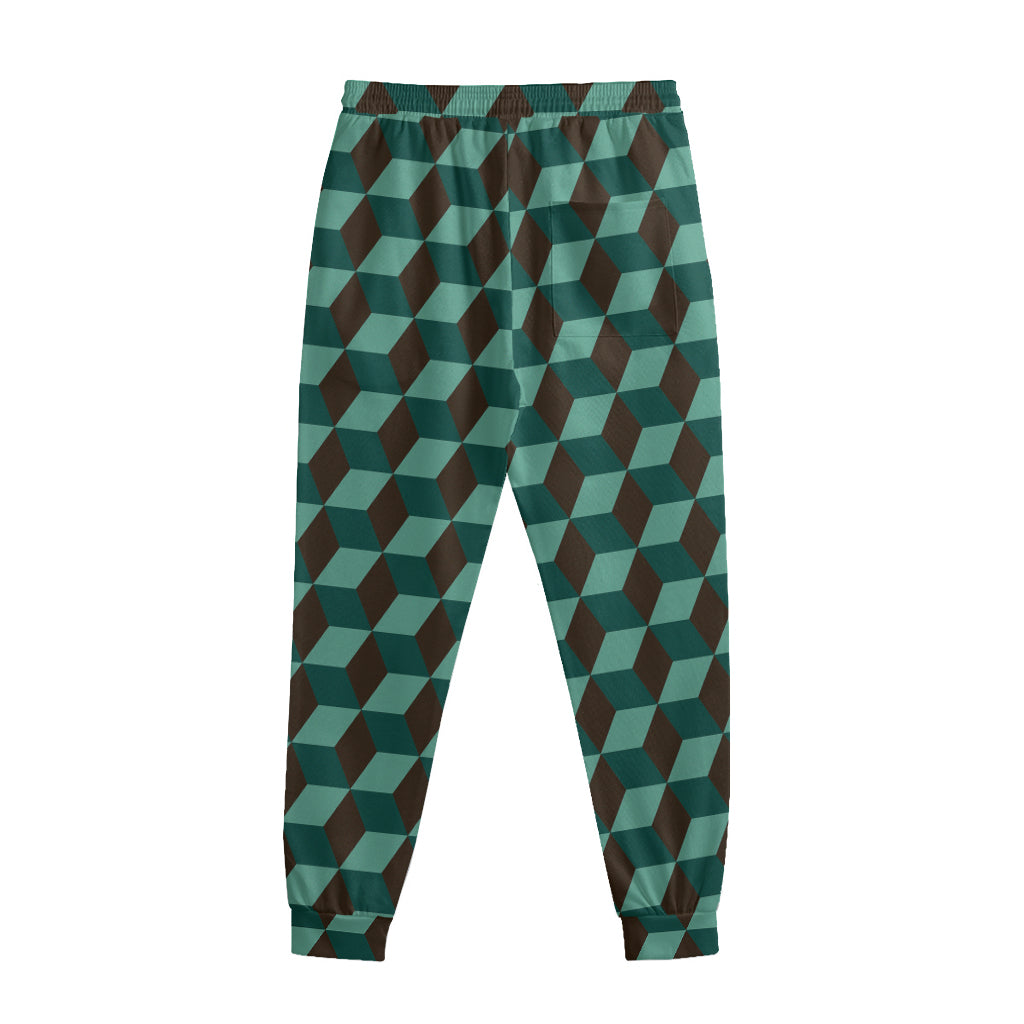 Dark Green Geometric Cube Pattern Print Sweatpants