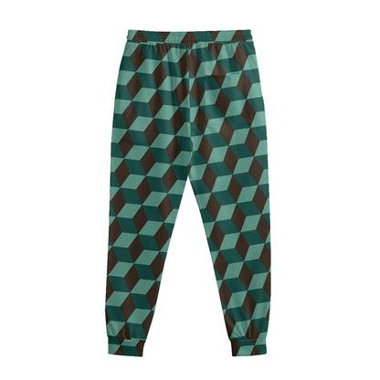 Dark Green Geometric Cube Pattern Print Sweatpants