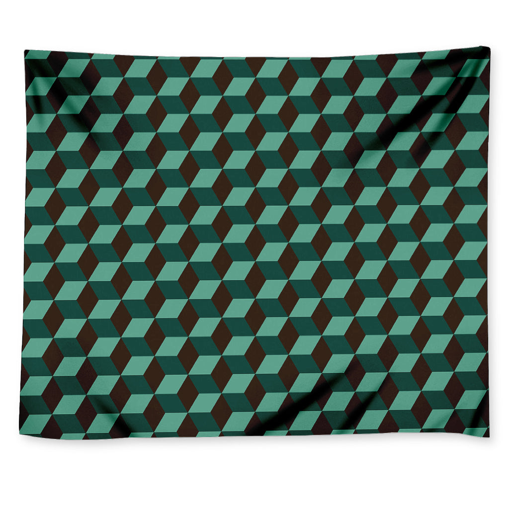 Dark Green Geometric Cube Pattern Print Tapestry