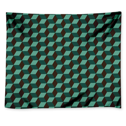Dark Green Geometric Cube Pattern Print Tapestry