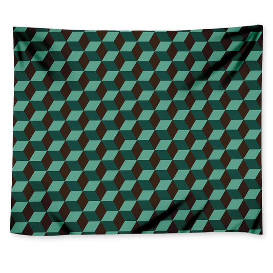 Dark Green Geometric Cube Pattern Print Tapestry
