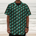 Dark Green Geometric Cube Pattern Print Textured Short Sleeve Shirt