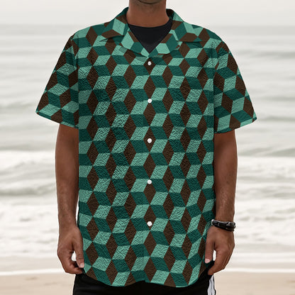 Dark Green Geometric Cube Pattern Print Textured Short Sleeve Shirt
