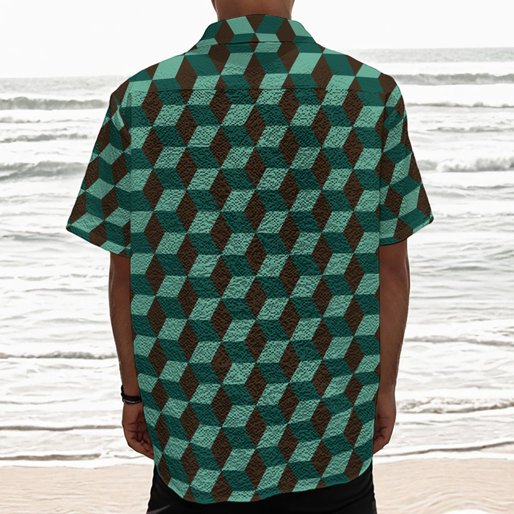 Dark Green Geometric Cube Pattern Print Textured Short Sleeve Shirt