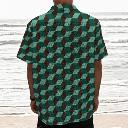 Dark Green Geometric Cube Pattern Print Textured Short Sleeve Shirt
