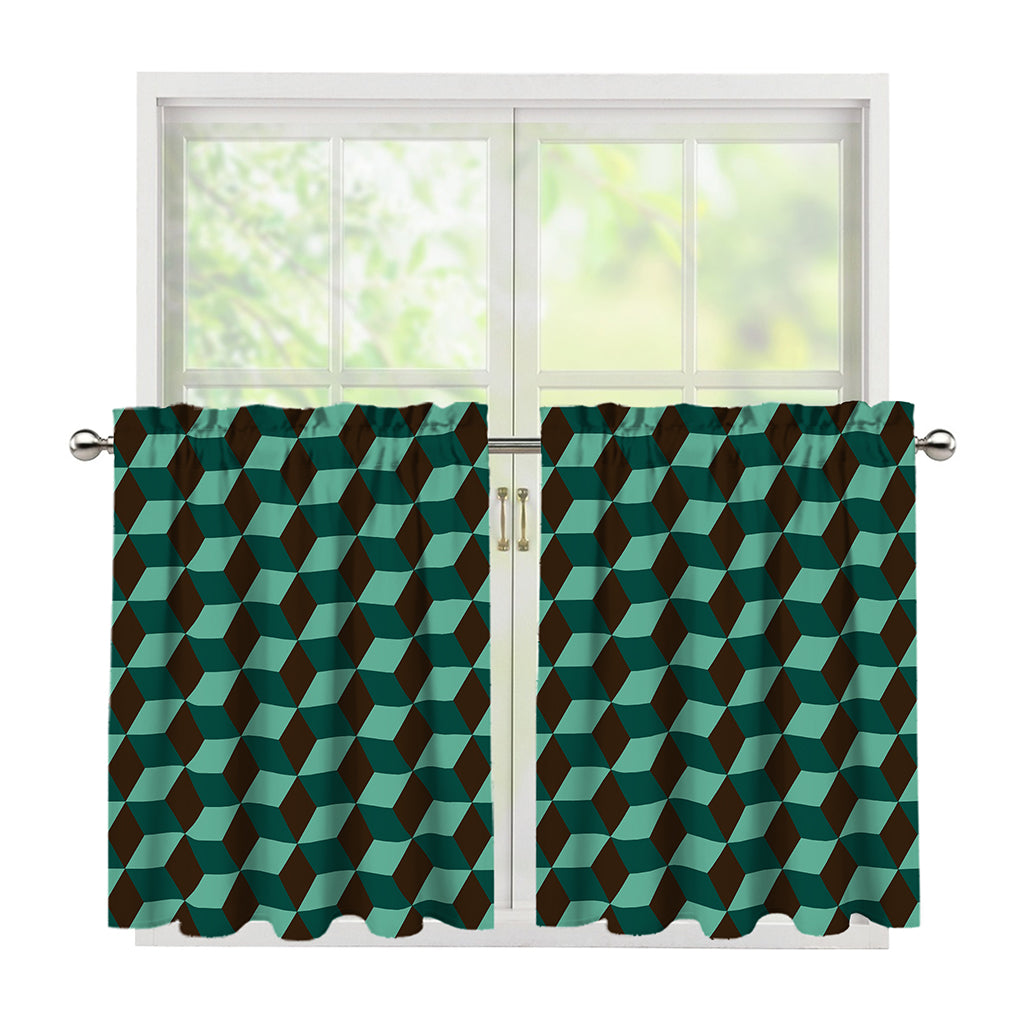 Dark Green Geometric Cube Pattern Print Tier Curtains