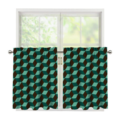 Dark Green Geometric Cube Pattern Print Tier Curtains