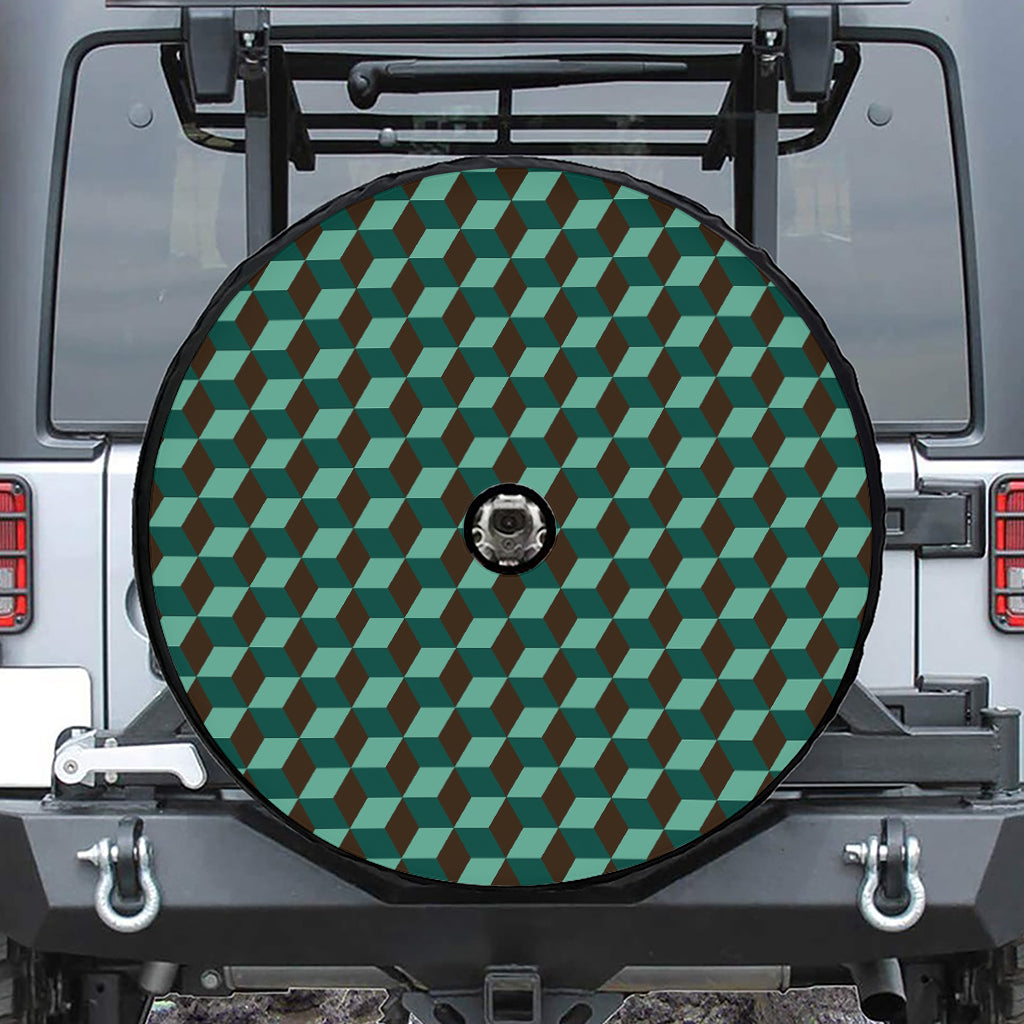 Dark Green Geometric Cube Pattern Print Tire Cover With Camera Hole