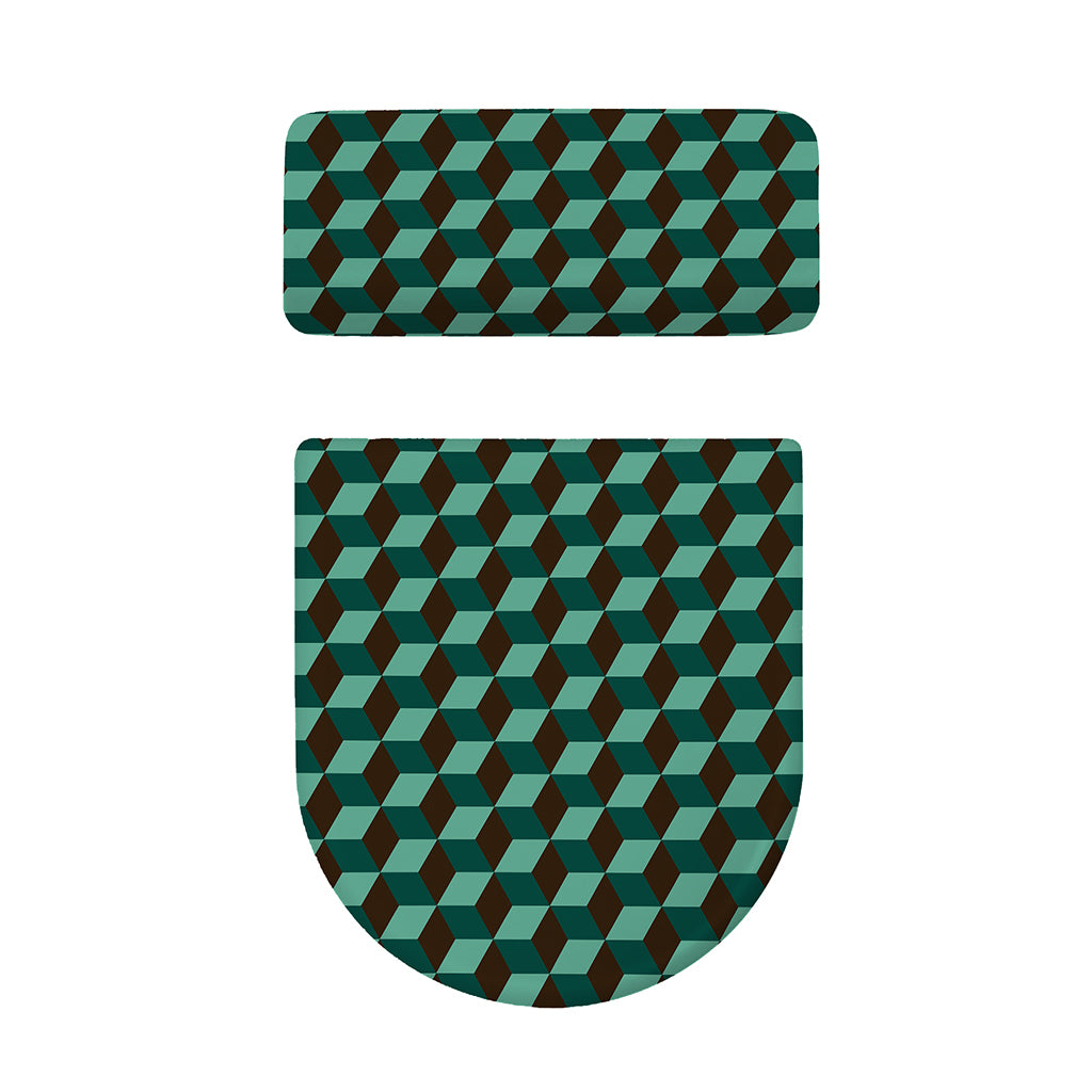 Dark Green Geometric Cube Pattern Print Toilet Lid And Tank Cover Set