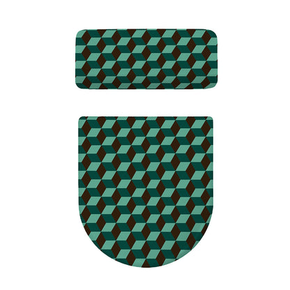 Dark Green Geometric Cube Pattern Print Toilet Lid And Tank Cover Set
