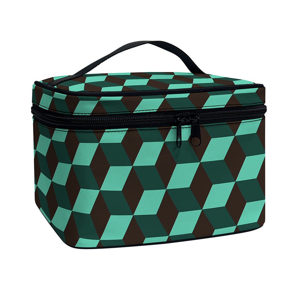 Dark Green Geometric Cube Pattern Print Travel Makeup Bag