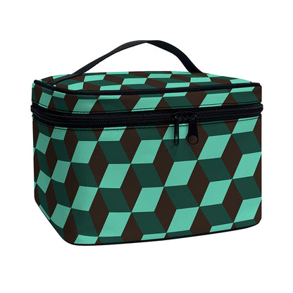 Dark Green Geometric Cube Pattern Print Travel Makeup Bag