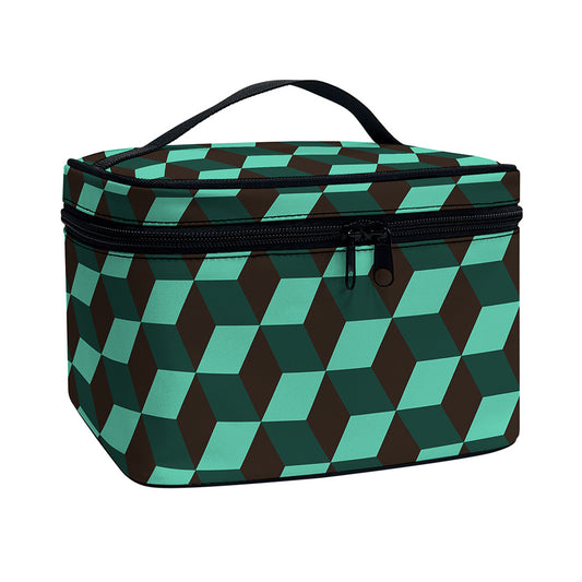 Dark Green Geometric Cube Pattern Print Travel Makeup Bag