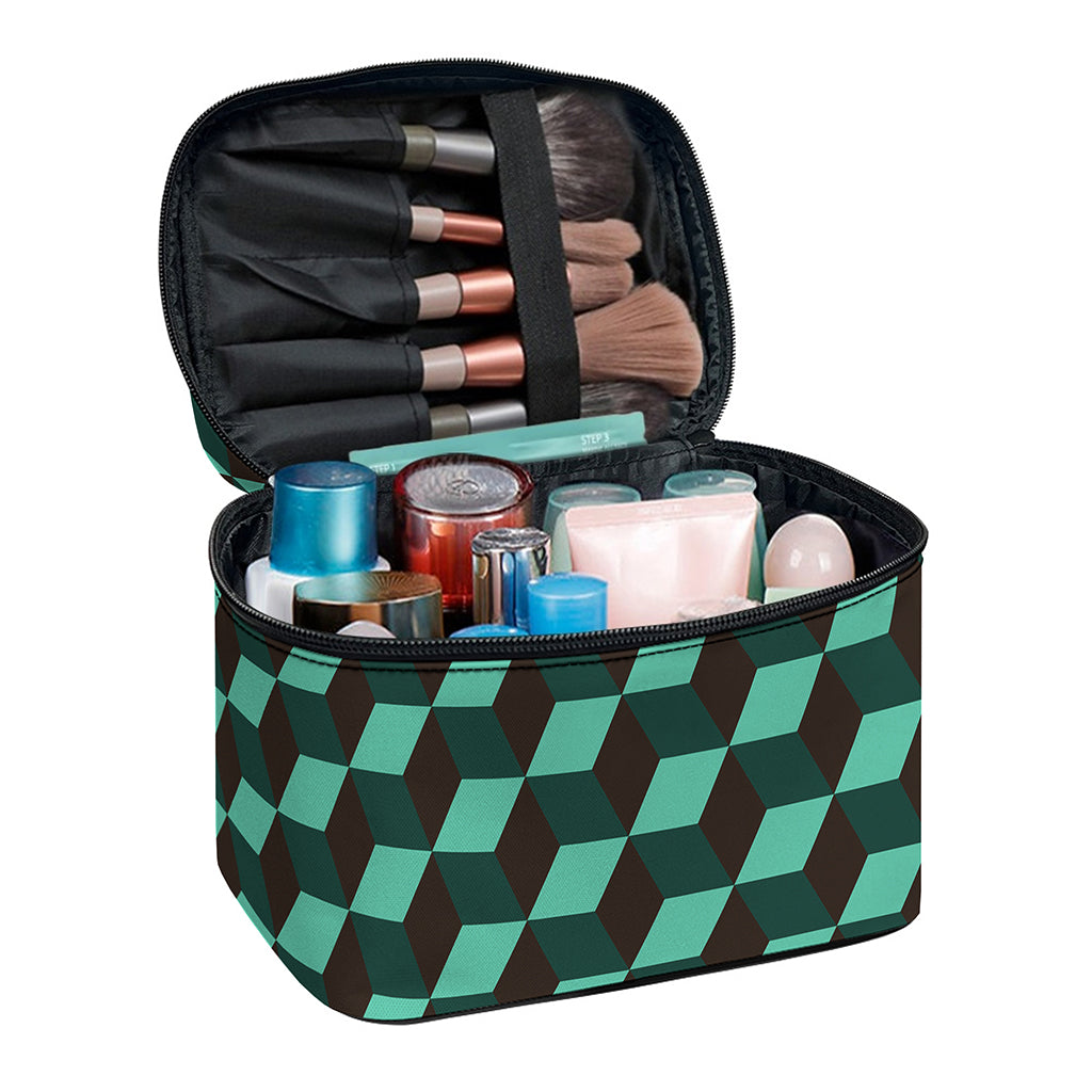 Dark Green Geometric Cube Pattern Print Travel Makeup Bag