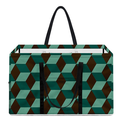 Dark Green Geometric Cube Pattern Print Utility Tote Bag