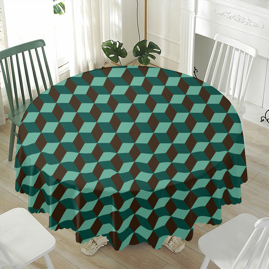 Dark Green Geometric Cube Pattern Print Waterproof Round Tablecloth