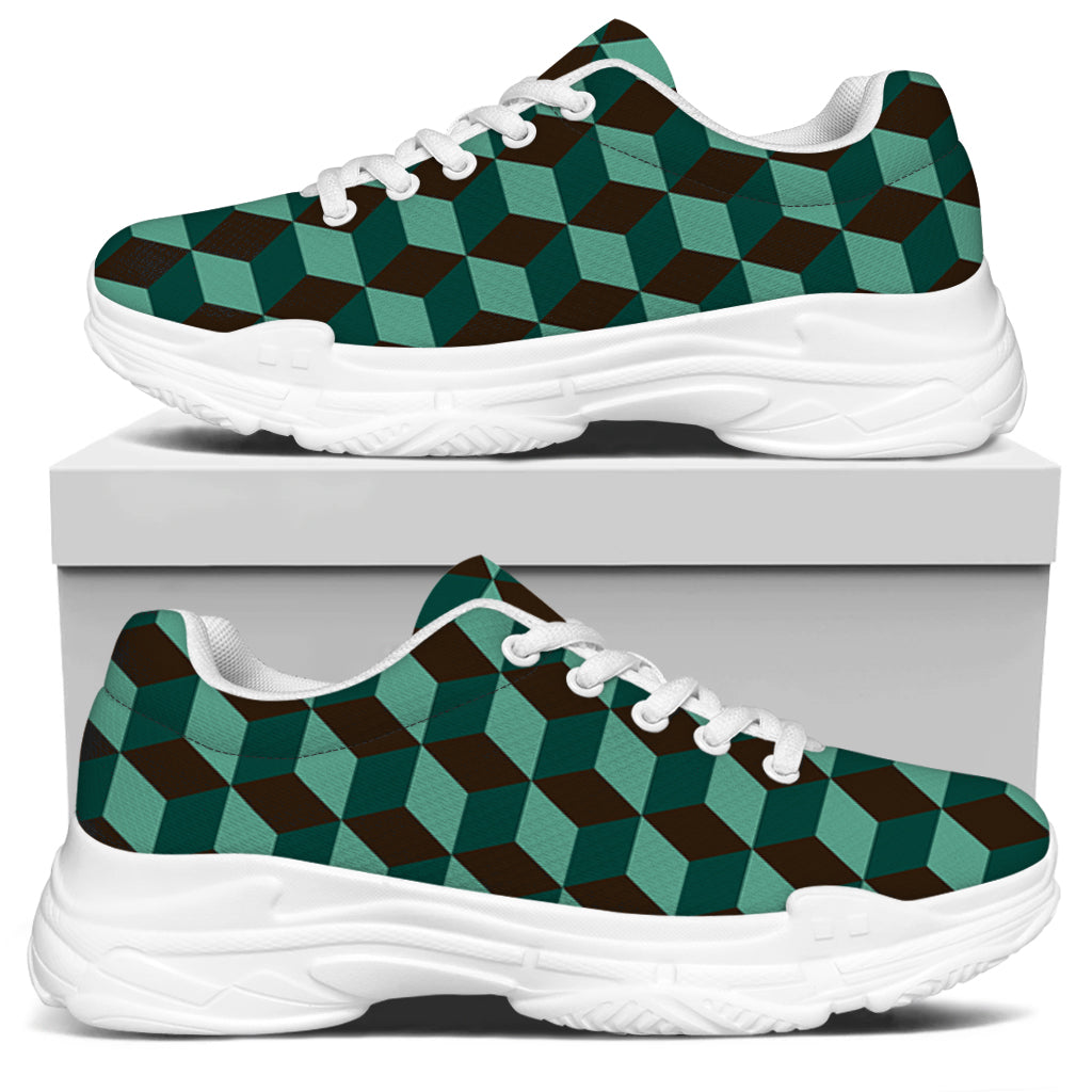 Dark Green Geometric Cube Pattern Print White Chunky Shoes