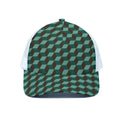 Dark Green Geometric Cube Pattern Print White Mesh Trucker Hat