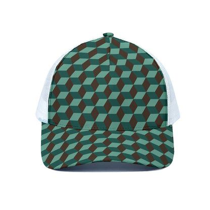 Dark Green Geometric Cube Pattern Print White Mesh Trucker Cap