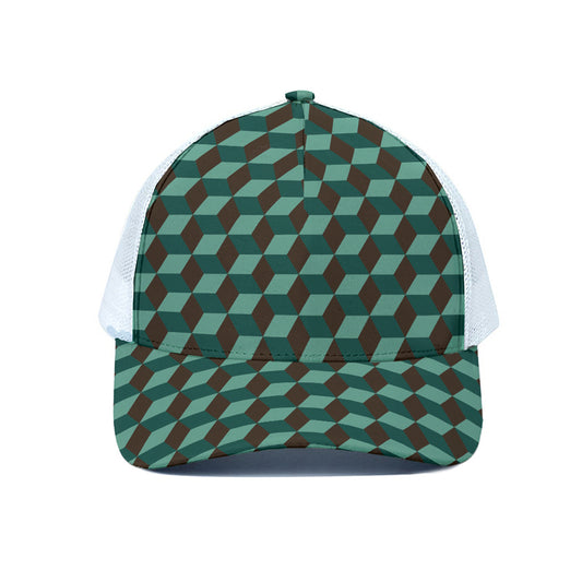Dark Green Geometric Cube Pattern Print White Mesh Trucker Cap