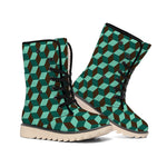 Dark Green Geometric Cube Pattern Print Winter Boots