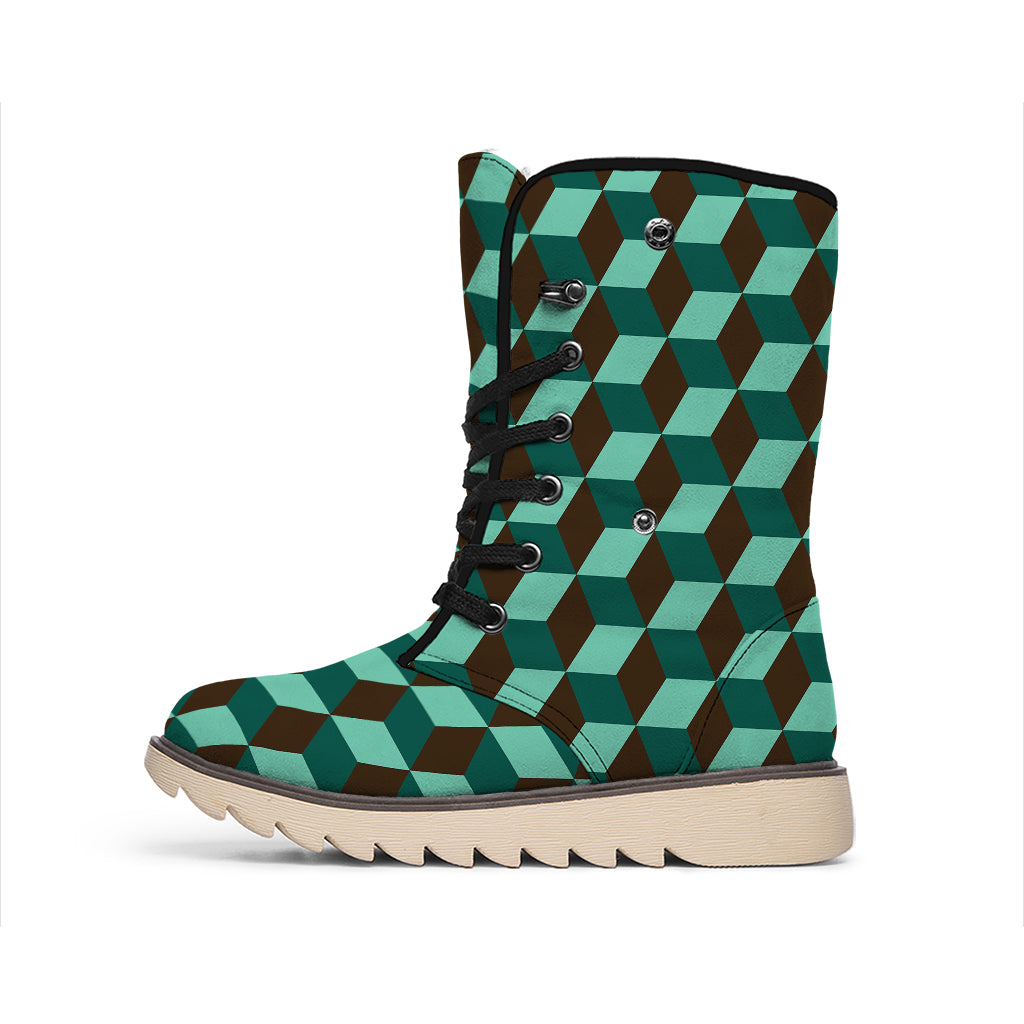 Dark Green Geometric Cube Pattern Print Winter Boots