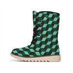 Dark Green Geometric Cube Pattern Print Winter Boots