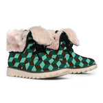 Dark Green Geometric Cube Pattern Print Winter Boots