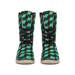 Dark Green Geometric Cube Pattern Print Winter Boots
