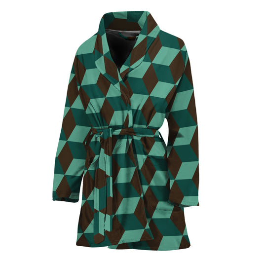 Dark Green Geometric Cube Pattern Print Women's Bathrobe