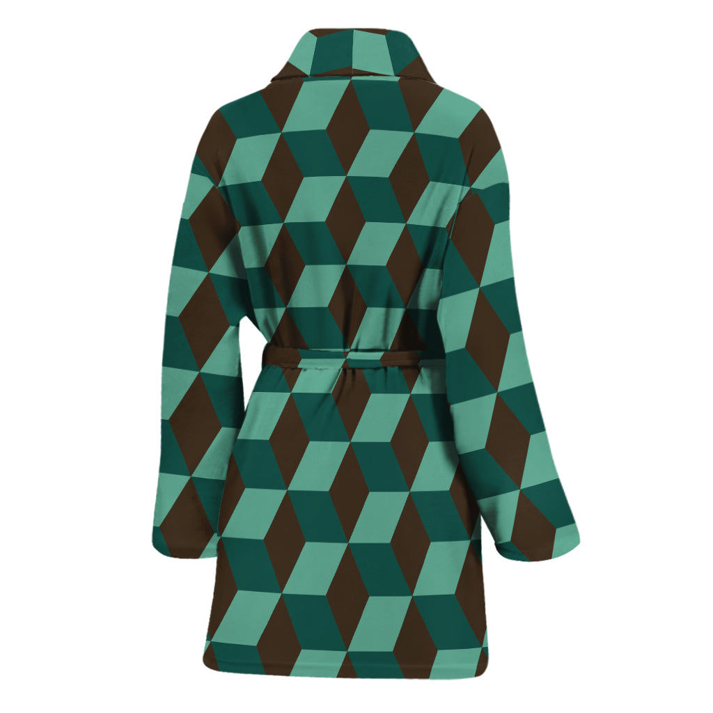 Dark Green Geometric Cube Pattern Print Women's Bathrobe