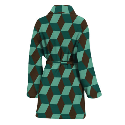 Dark Green Geometric Cube Pattern Print Women's Bathrobe
