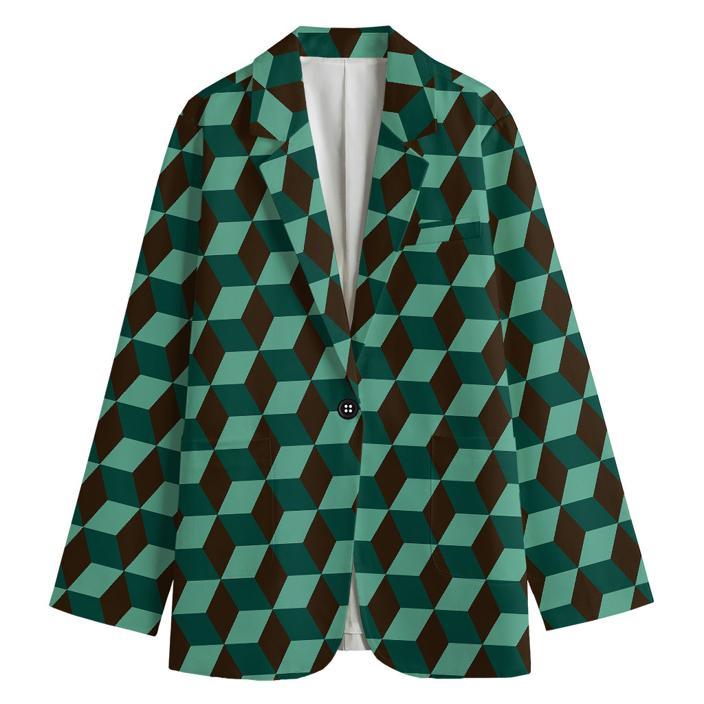 Dark Green Geometric Cube Pattern Print Women's Blazer
