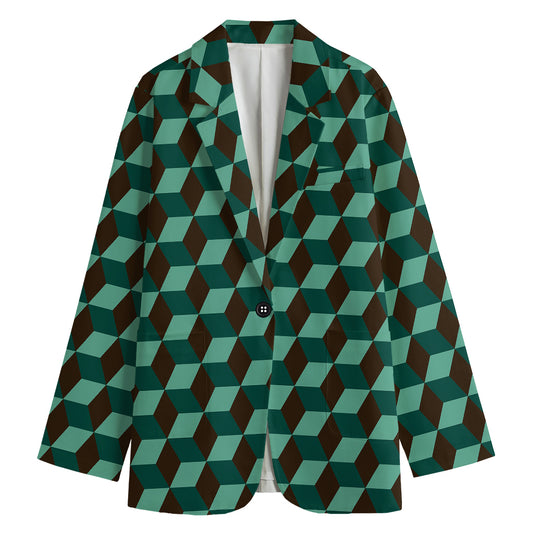 Dark Green Geometric Cube Pattern Print Women's Blazer