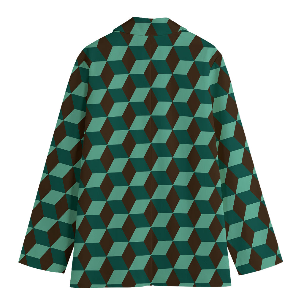 Dark Green Geometric Cube Pattern Print Women's Blazer